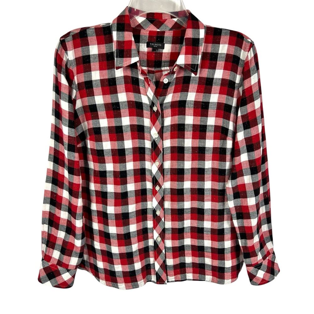Talbots Medium Petite Red Metallic Silver Check Long Sleeve Button Up Shirt